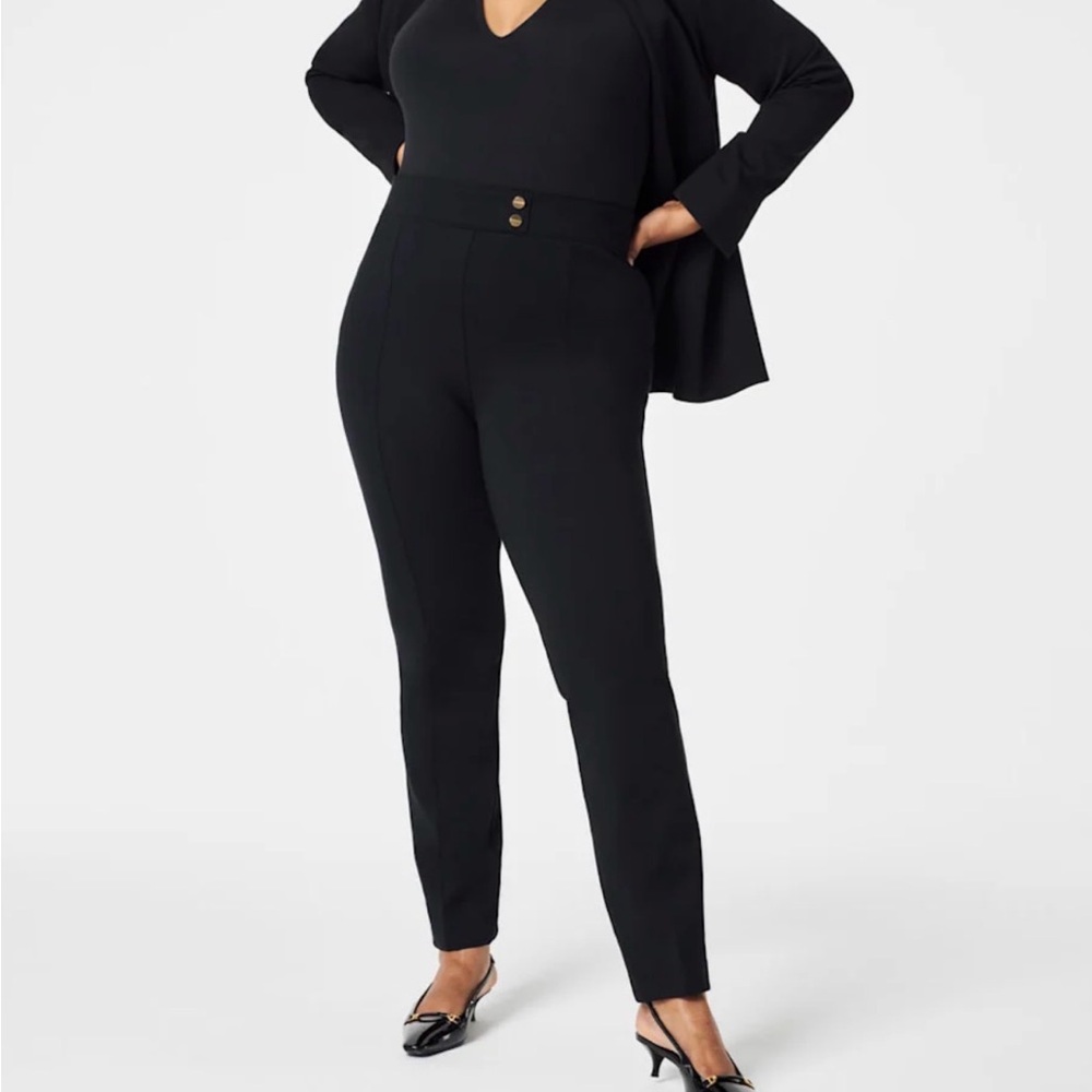 Women's M SPANX Black Ponte Work Pants | Tummy Control Pull-On Slim Ankle